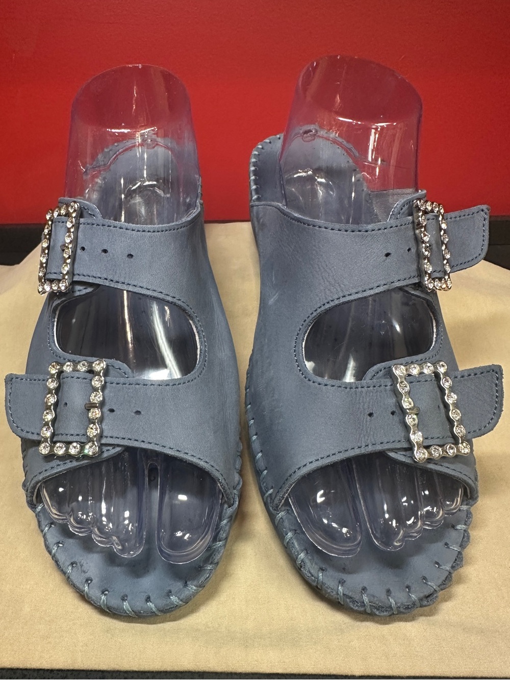 La Plume Blue Nubuck Leather Slide Sandals Adj Strap Women’s Sz Eu41/US10.5-11